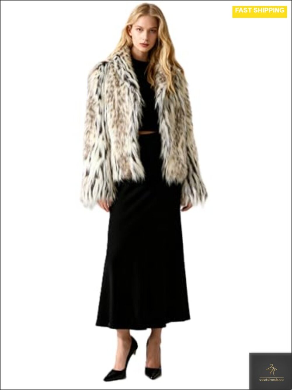Faux Fur Winter Coat Open Front Long Sleeve Mixed Print Coat with Pockets